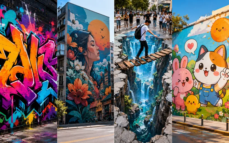 Mỗi phong cách vẽ tranh đường phố mang màu sắc riêng, từ graffiti cá tính đến mural giàu câu chuyện.